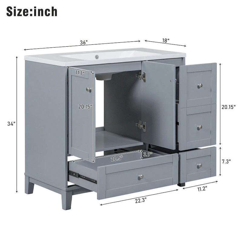 36 Inch Modern Bathroom Vanity with USB Charging and Single Resin top