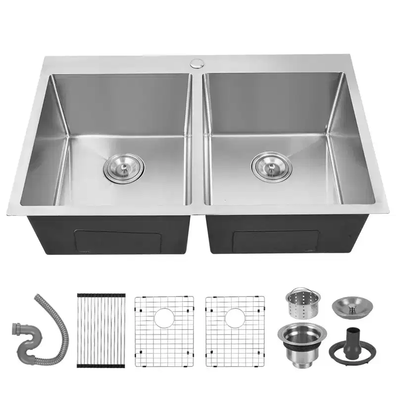 33-Inch Double Basin Stainless Steel Kitchen Sink – 50/50 Topmount & Undermount, 16 Gauge T-304