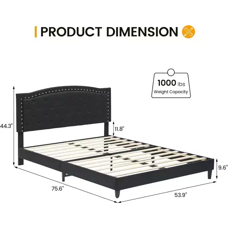 Full Size Bed Frame, Velvet Upholstered Bed Frame, with Adjustable Headboard, Wood Slat Support, Noise-free, No Box Spring Needed, Dark Gray