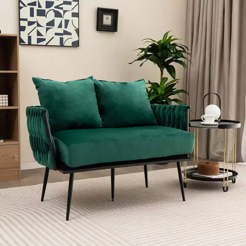 Costway Modern Loveseat Sofa Upholstered Dutch Velvet Couch with Woven Back & Arms Green/Grey