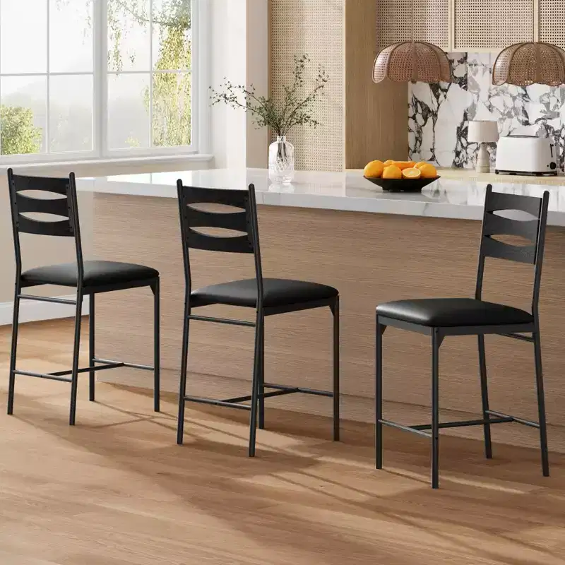 Wooden Set of 2 Counter Height Bar Stools with Back & Footrest & Thick Cushion for Kitchen Island Apartment