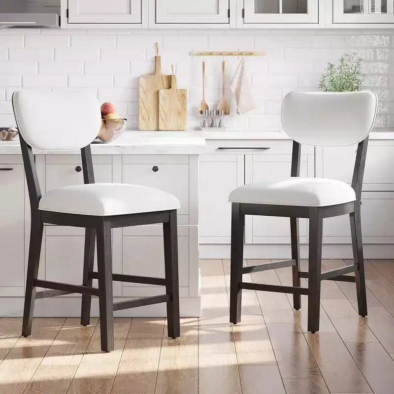 Solid Wood Bar Stools Modern Farmhouse Upholstered Counter Height Chairs with Curved Back and Footrest