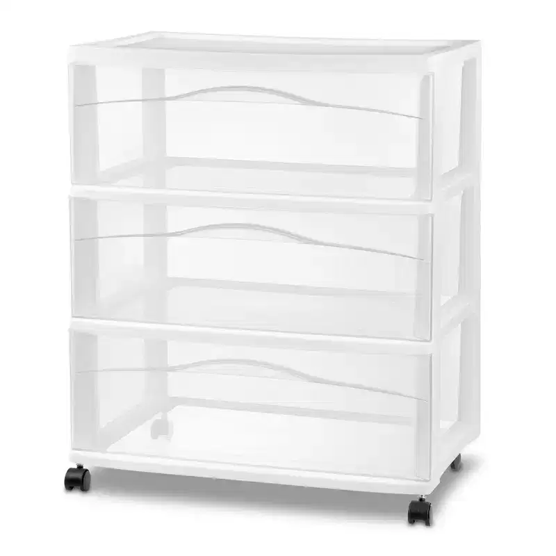 Wide 3-Drawer Plastic Rolling Storage Cart with White Frame, Bedroom & Office Organizer
