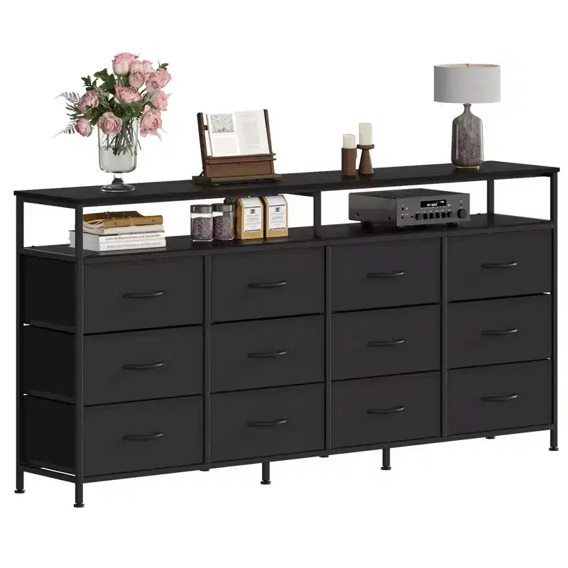 63 Long Dresser with 12 Drawers, TV Stand for 55/65/70 Inch TV, Fabric Dresser TV Stand for Bedroom Living Room, Chest of Drawers with Open Shelves