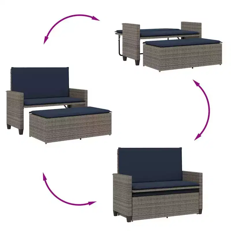 vidaXL Patio Bench with Cushions and Footstool Brown Poly Rattan