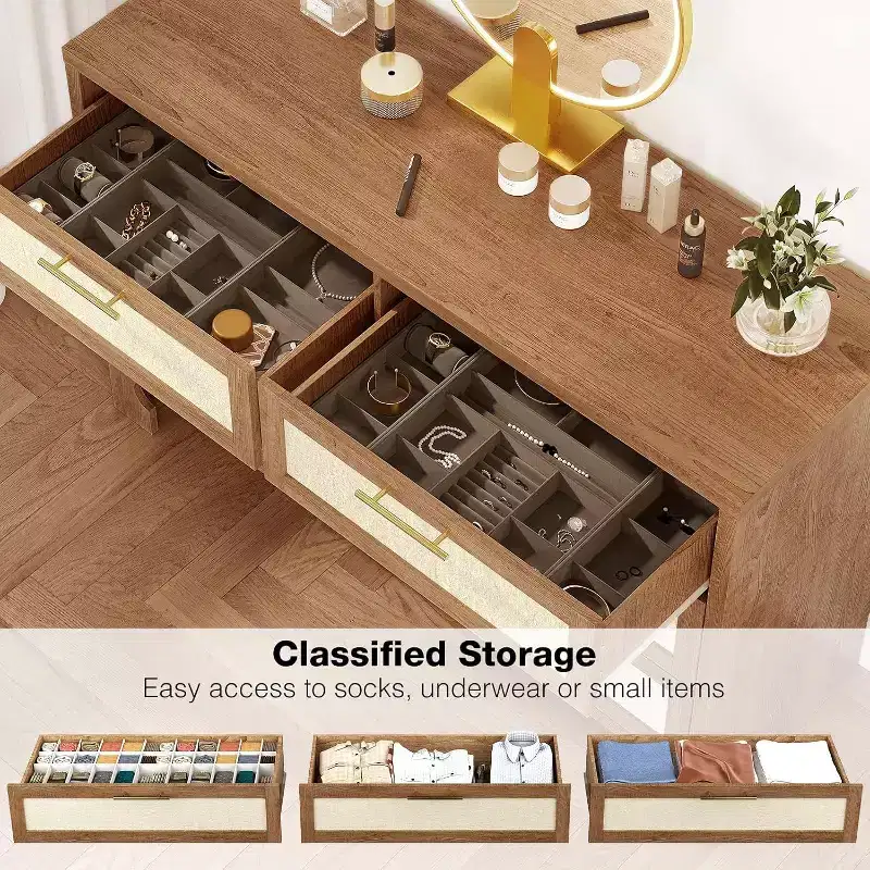 COZONY 6 Drawer Double Dresser with Burlap Design, Wooden Chest with Gold Handles