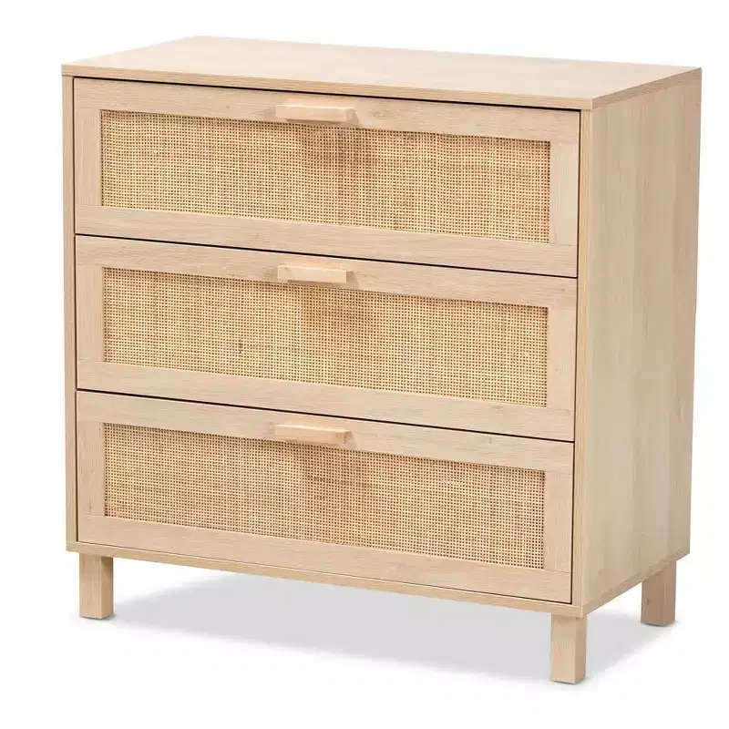 3-Drawer Wood & Natural Rattan Storage Chest – Light Brown