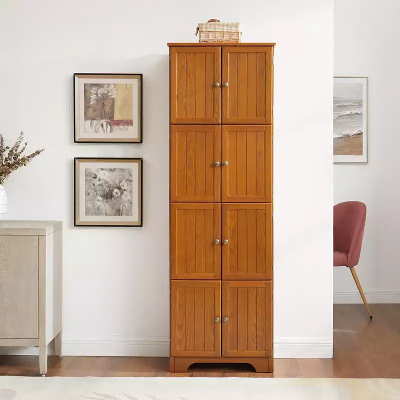 Wood Storage Cabinet 8-Door 4-Shelf 72.4''H x 23.82''W x 12.6''D