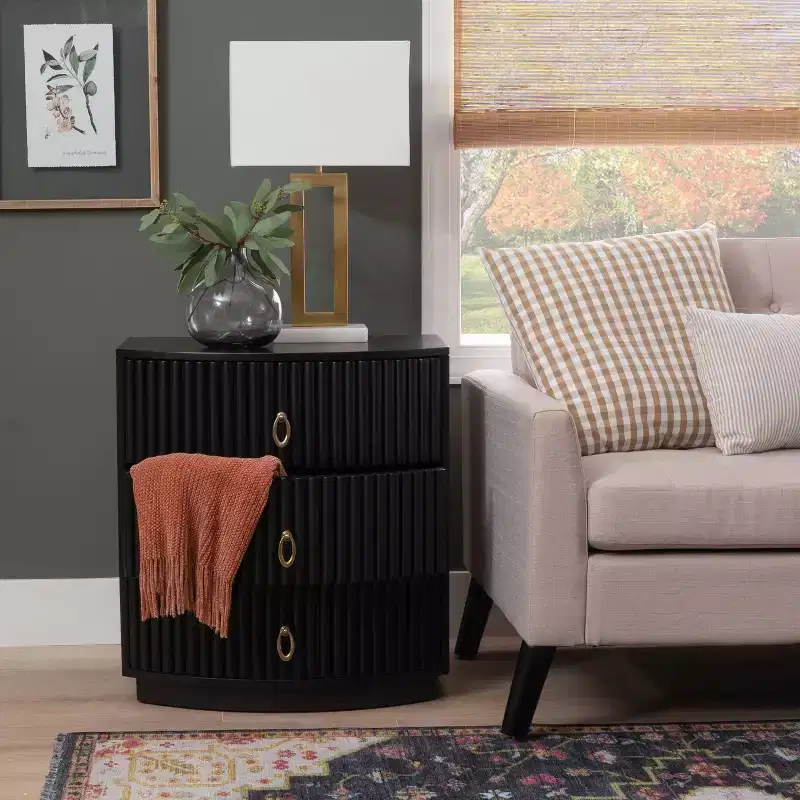 3-Drawer Nightstand Black Lacquer Gold Hardware