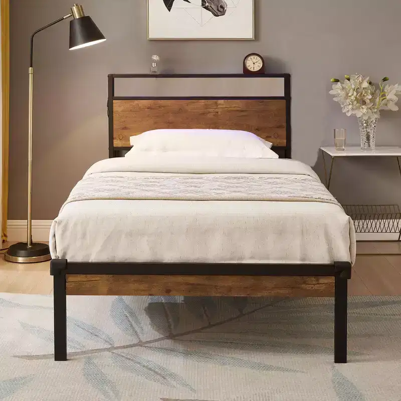 Okak Twin Size Metal Platform Bed Frame with Wooden Headboard and Footboard,Modern Bed Frame with USB Liner for Bedroom,Black+Brown
