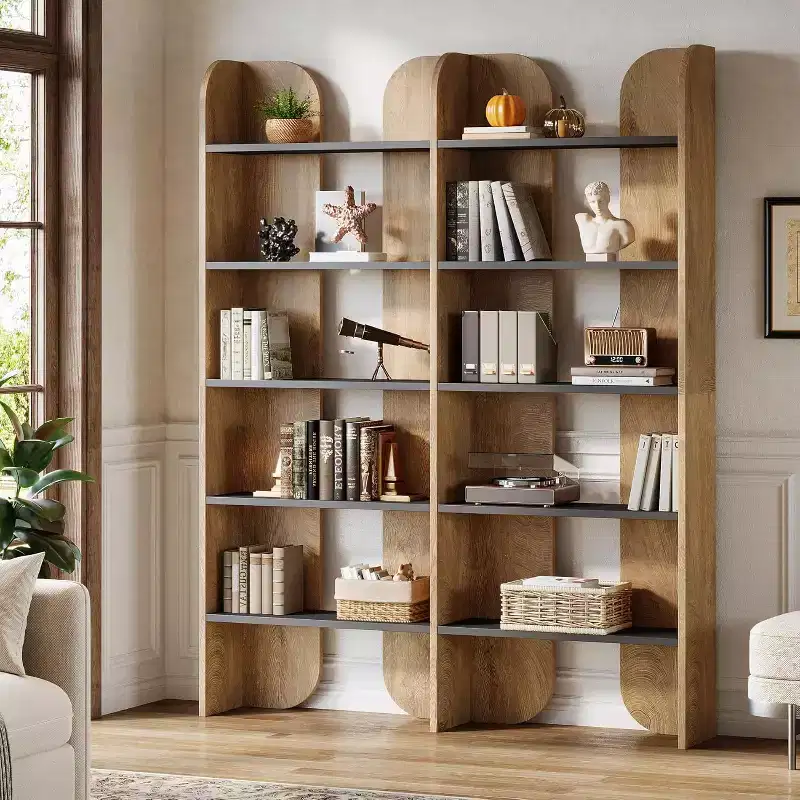 Black / Brown 5-Tier Double Wide Bookcase, Open Shelves, for 1 Person