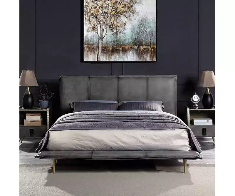 King Metis Bed Grain Leather Gray