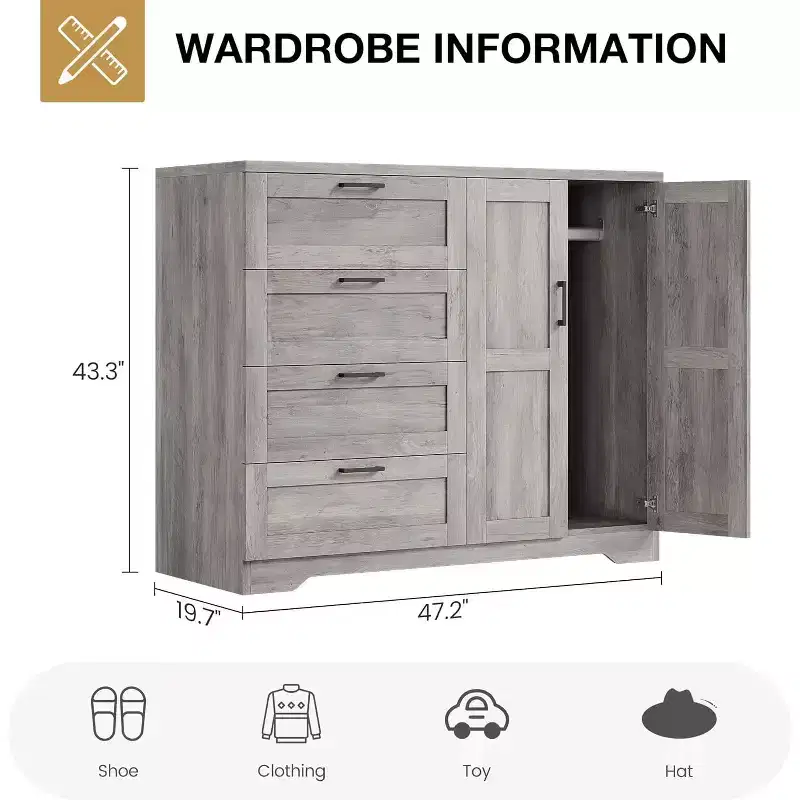 43.3 Low Dresser with 2 Doors & 4 Drawers - Multifunctional Wooden Wardrobe with Hanging Rod for Bedroom