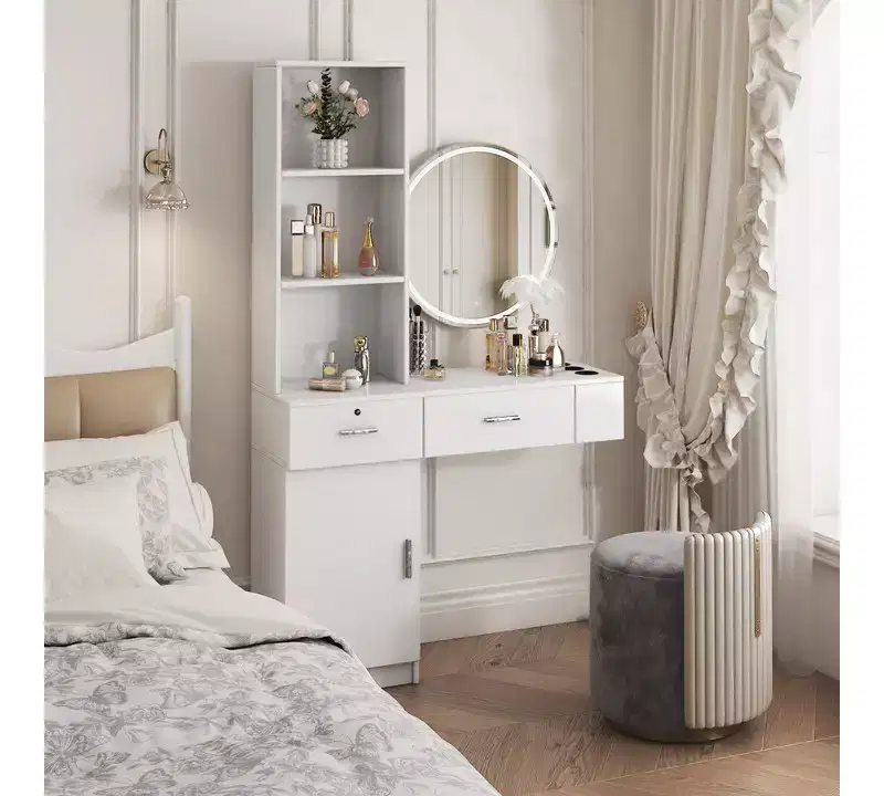 JVNOXK 39-inch Modern Minimalist Dressing Table Multi-tier storage design with ample space Features two closed drawers and one cabinet White