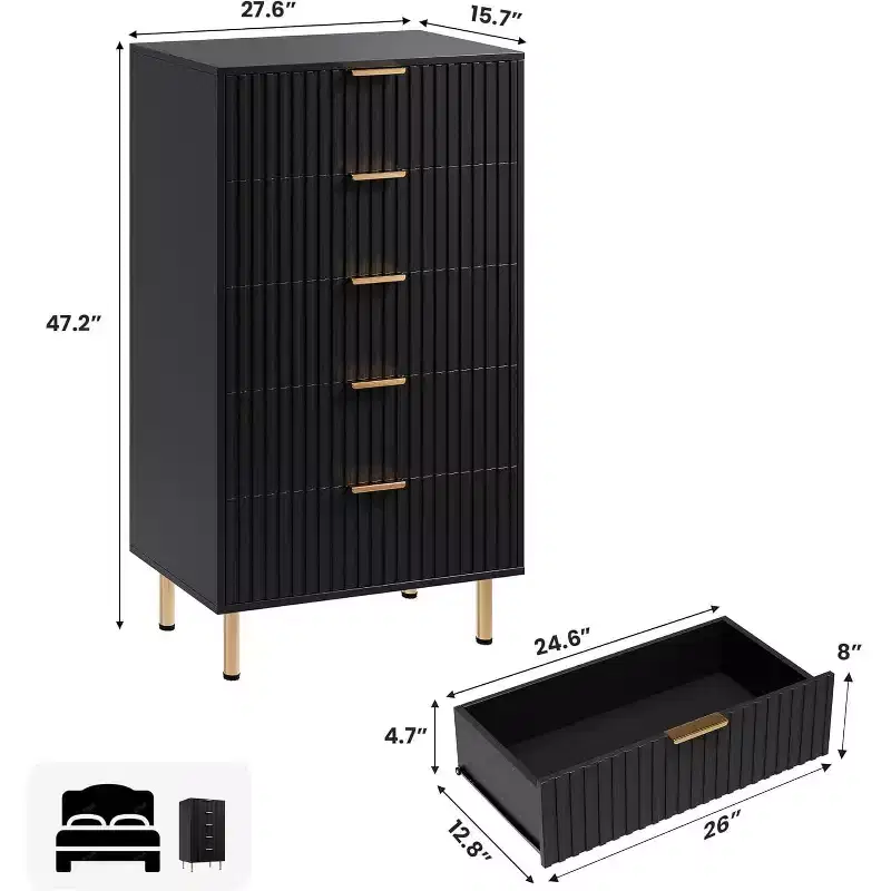 Modern grooved five-drawer tall bedroom wardrobe, 48-inch high drawer cabinet, deep storage with wide top, suitable for living room, hallway, black