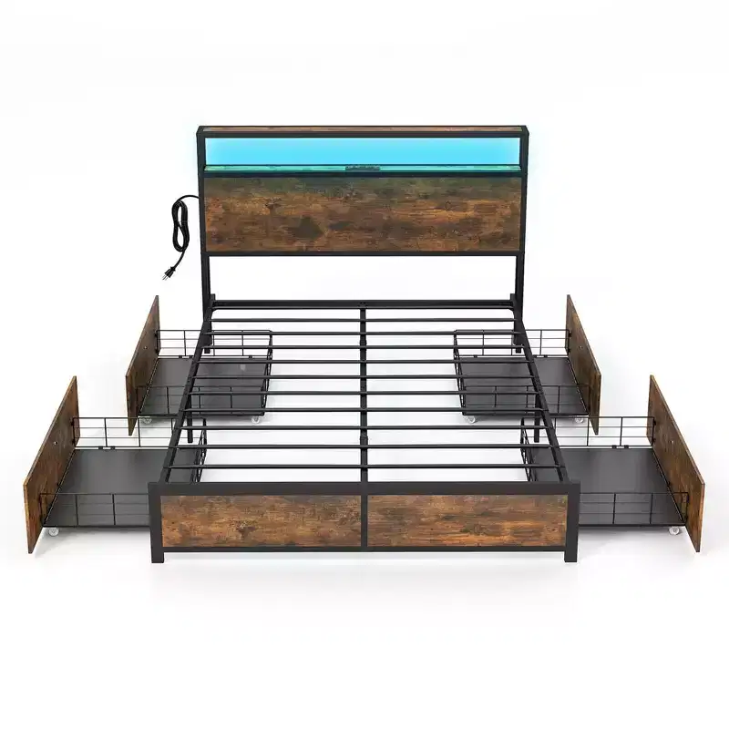Full/Queen Industrial Platform Bed Frame with Storage Drawers & LED Lights Headboard