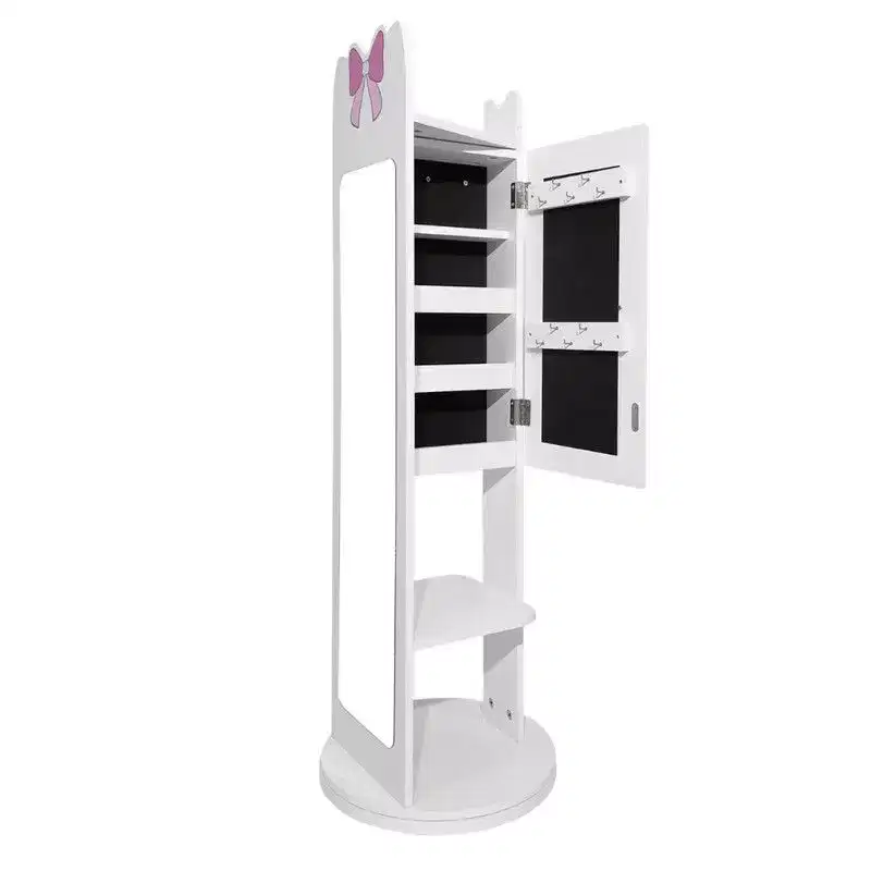 Bow Kids MDF Jewelry Cabinet in White, Jewelry Armoire with Rotatable Base, 1 Door and 1 Shelf