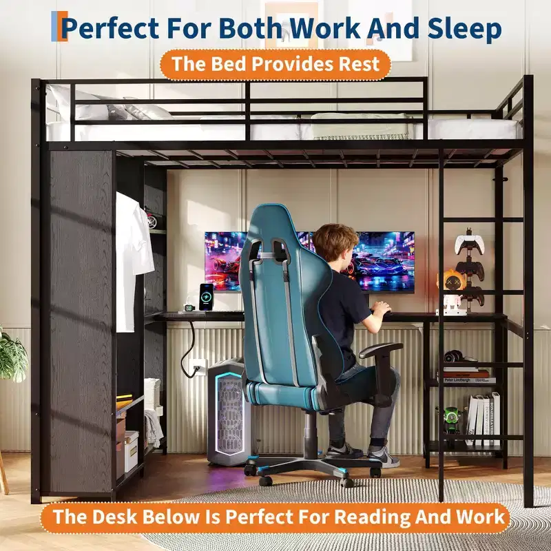 Space-Saving Metal Loft Bed Frame with L-Shaped Desk, Wardrobe, Storage Shelves, Hanging Rod, Guardrail, Sturdy Ladder, for Adults & Teens Bedrooms