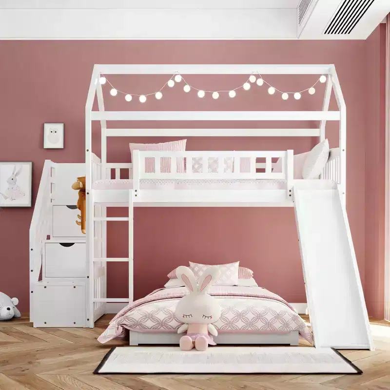 Luxystar L-shaped Bunk Bed With Storage Staircases and Slide for Kids' Room