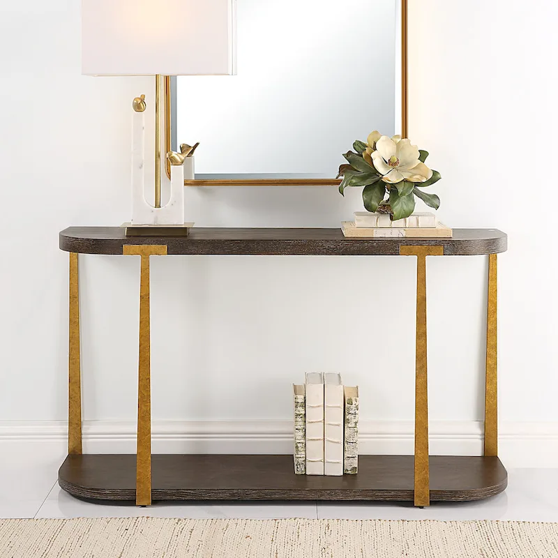 Coffee Oak Veneer Console Table with Antique Gold Metal Columns – 54