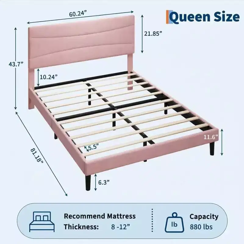 GustoWave Upholstered Velvet Bed Frame with Headboard No Box Spring Needed, Noise-Free