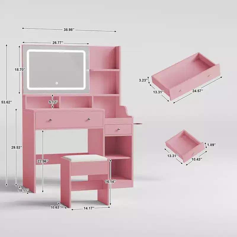 Vanity Desk with Mirror, Power Outlet, Hair Dryer Bracket, 2 Drawers, 3 Color Modes