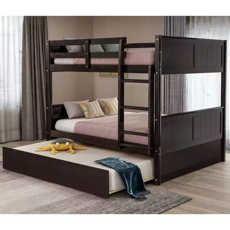 Trundle Bunk Bed, Full over Full Wood Bunk Bed with Trundle, Solid Wood Bunk Bed Frame with Guardrail and Ladder