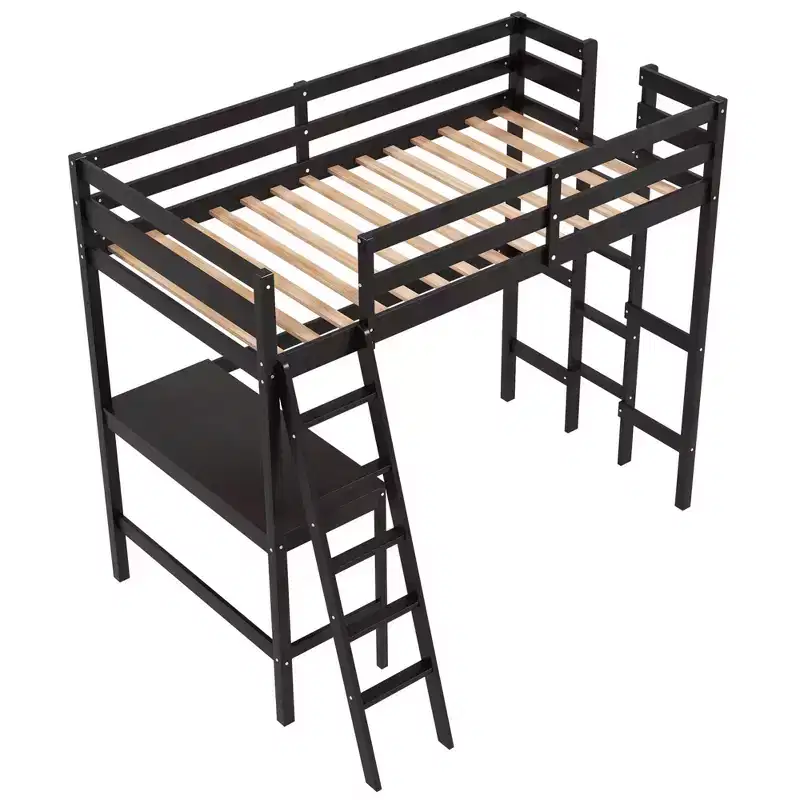 Twin Size Loft Bed w/ Desk & Shelf 2 Ladders & Guard Rail for Kids Teens Bedroom Brown/Grey/White