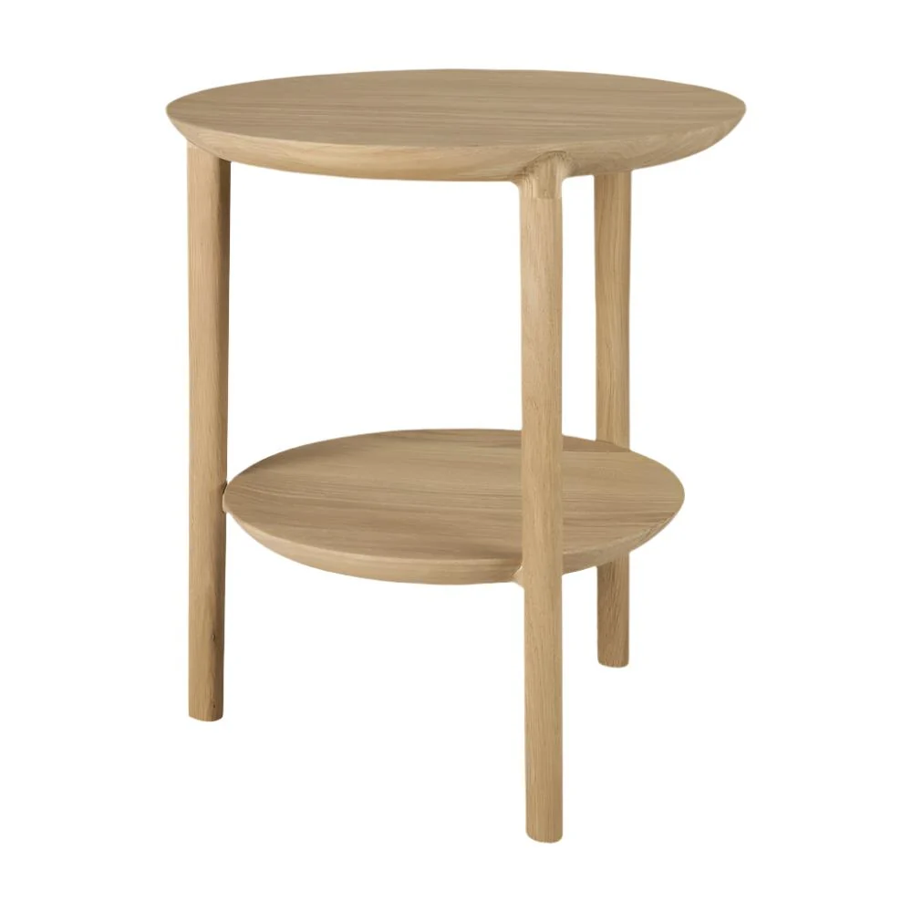 Contemporary Oak Wood Side Table with Round Top & Display Shelf for Living Room