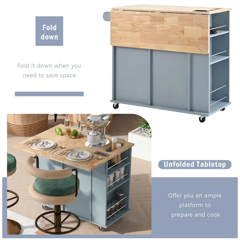 Adjustable Shelves Kitchen Island with Power Outlet and Drop Leaf
