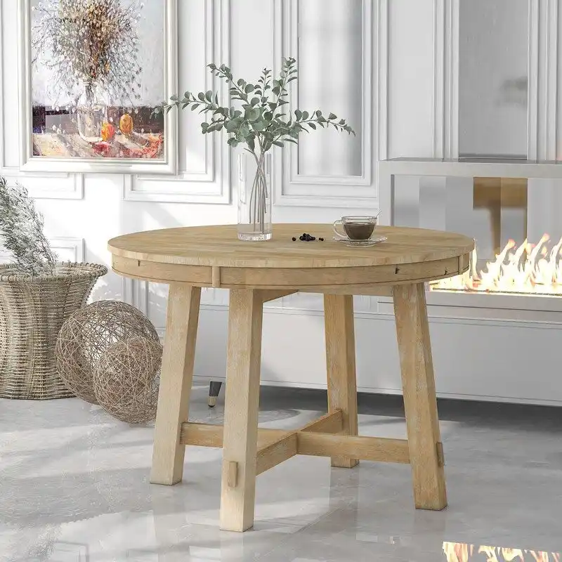 Round Extendable Dining Table with X-Base and Leaf Insert