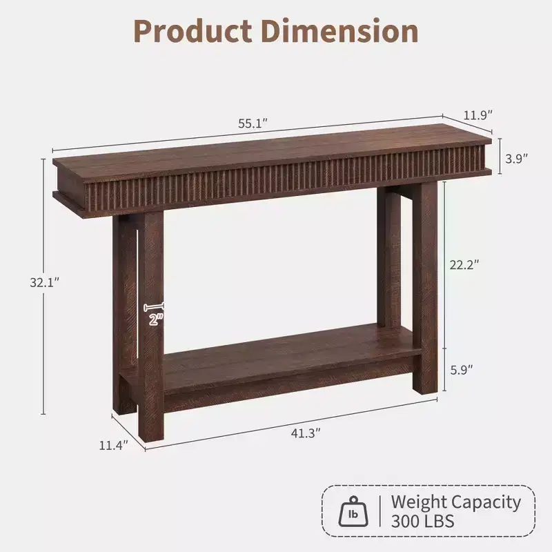 Farmhouse Fluted Console Table, 2 Tier Wooden Entryway Table with Shelf Storage, Entry Table Foyer Hallway Table for Entrance, Hallway, Living Room