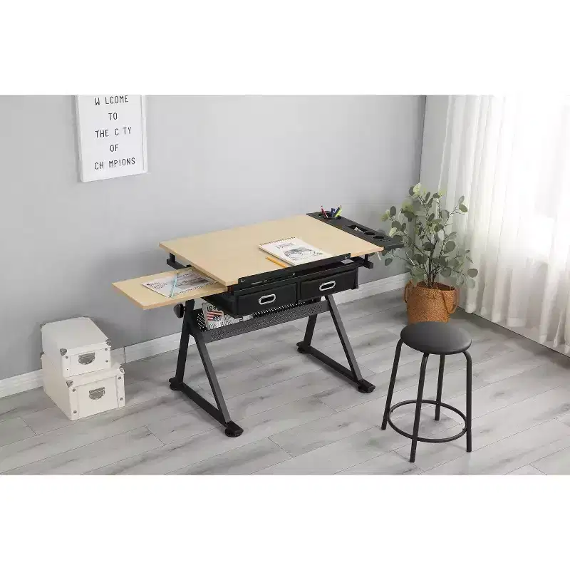 Adjustable Height Drawing Table with 0-75 Tilt, Adult Art Table, with Two Storage Drawers and a Stool, Art Table, Painter Drawing Table, White Oak