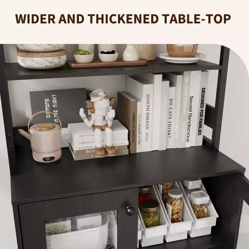 Pantry Cabinet with Storage Shelves & Glass Doors, Bakers Rack with Countertop, Coffee Bar Hutch, Microwave Stand for Dining Room or Hallway