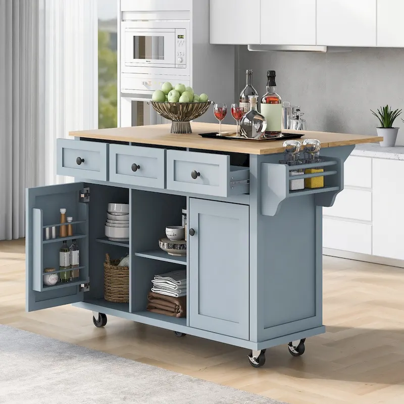 Kitchen Cart with Rubber wood Drop-Leaf Countertop ,Cabinet Door Internal Storage Racks