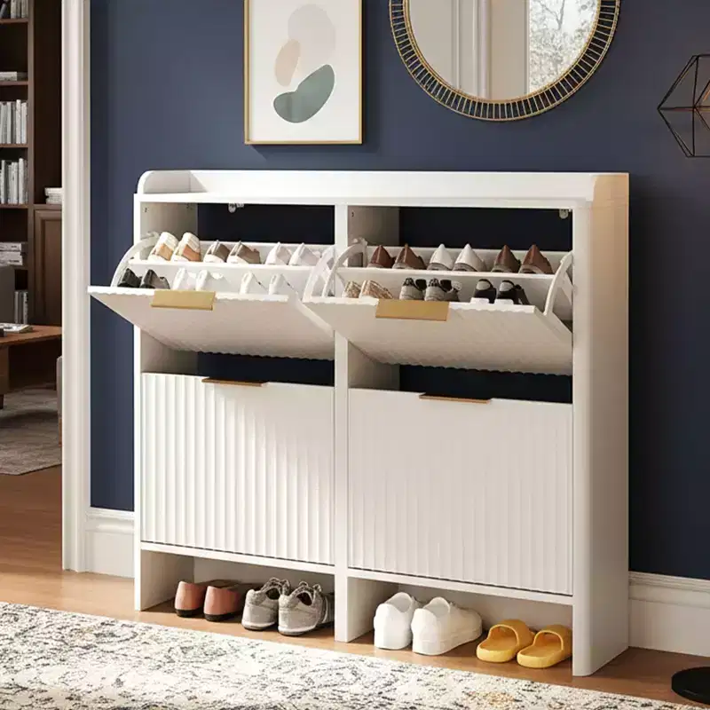42.9 Inch Slatted Style 4 Flip Door Shoe Cabinet with Tabletop Baffle