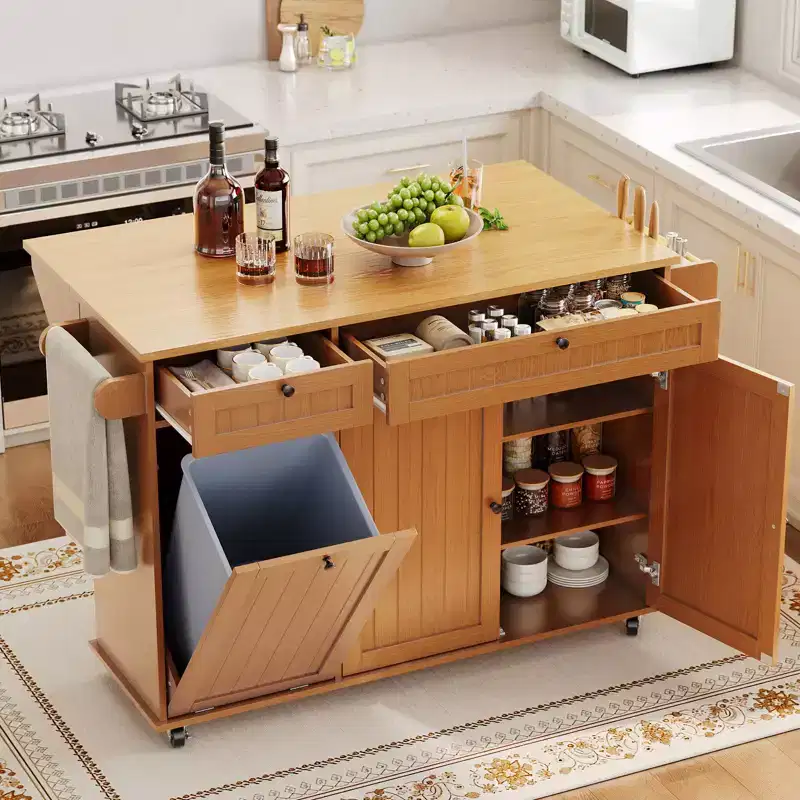Kitchen Island with Foldable Drop Leaf, 55 Wide Rolling Island Table on Wheels with Towel Rack, Spice Rack, Knife Holder & 10 Gallon Trash Storage