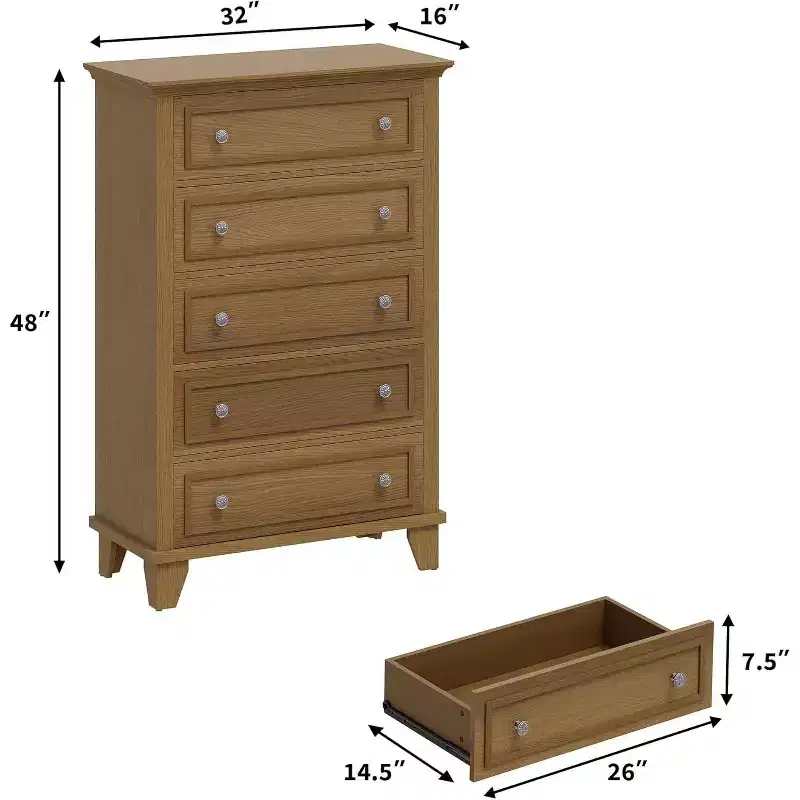 5-Drawer Dresser, Brown, Vintage Style, Solid Construction, for Traditional Home & Farmhouse