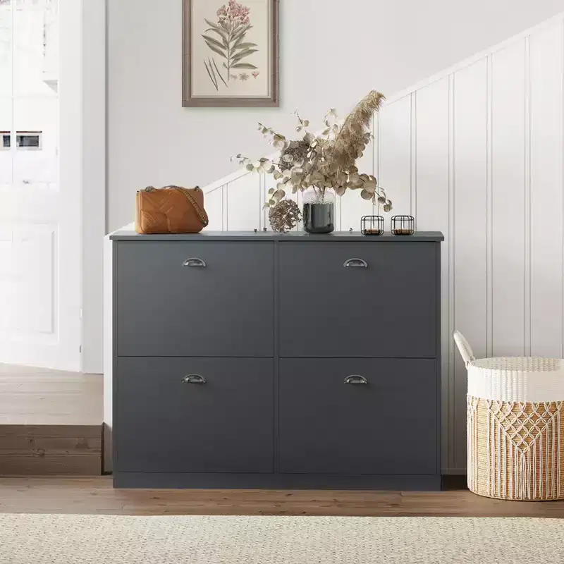 Okak Shoe Cabinet, Narrow Shoe Rack with 4 Drawers and Metal Handle, Shoe Storage for Entryway, Foyer, Hallway, Bedroom