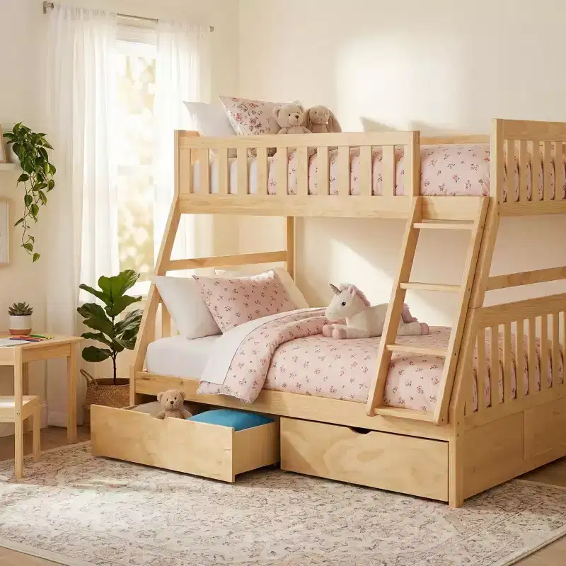 Bradley Modern Wood Twin Over Full Bunk Bed with Storage Boxes