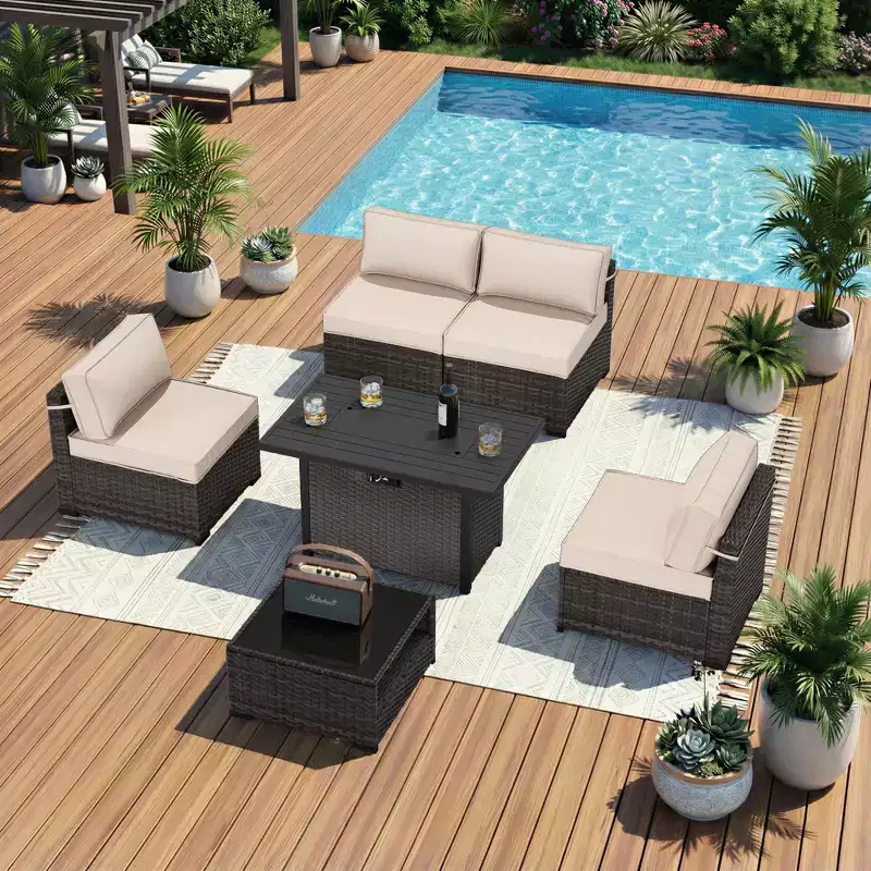 UPTIOT 6-Piece Patio Set: 4 Side Chairs, Grey Fire Pit Table & Tempered Glass Coffee Table for Stylish Outdoor Gatherings