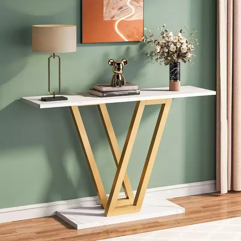 43-Inch Gold Console Table, Modern Hallway Entryway and Sofa Table for Living Room, Faux Marble White, Easy Assembly