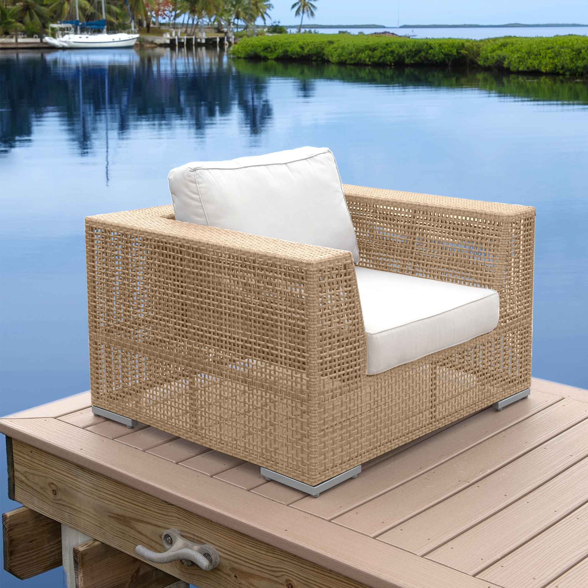Outdoor Wicker Loveseat with Natural Cushions and Side Table