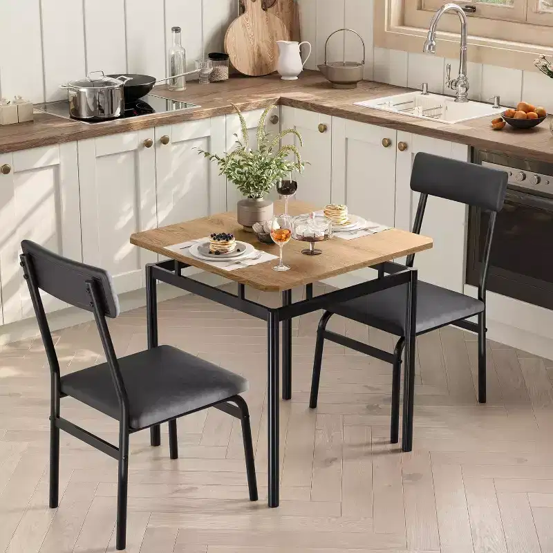 3-Piece Dining Set with Table & 2 Padded Chairs, Wooden Frame, Space-Saving Design, Easy-Clean Surface, Black