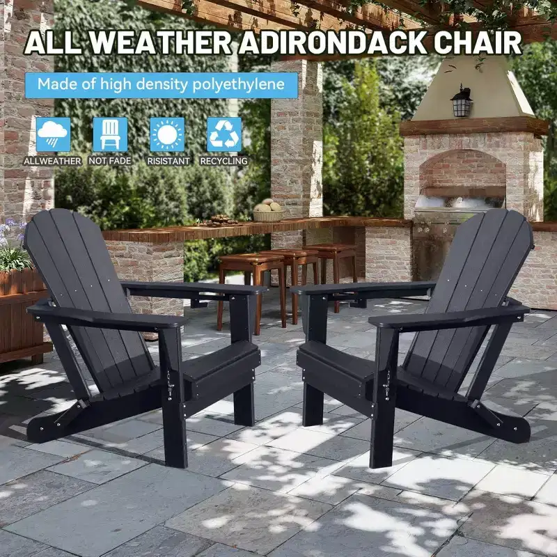 Set of 2 Adirondack Chairs with Cup Holder, Folding Plastic Adirondack Chairs, All-Weather Outdoor Patio Chairs for Backyard, Poolside-Panipeachy