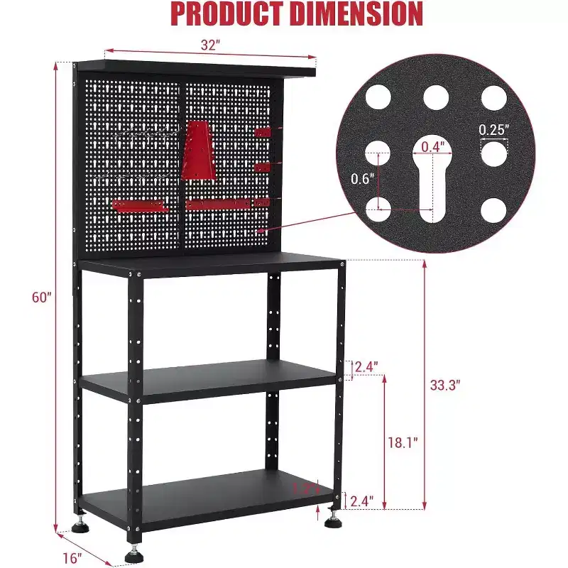 COZONY 32 Heavy Duty Steel Workbench  Space Saving Tool Storage Cabinet with Pegboard, Adjustable Height, Hooks, 2-Tier Shelves, 650 lbs Capacity