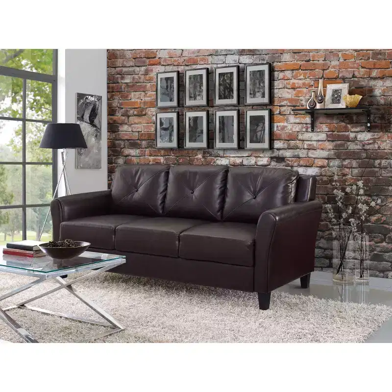 Faux Leather Sofa Java Brown - : Upholstered, 3-Seater, Tufted Back, High-Density Foam