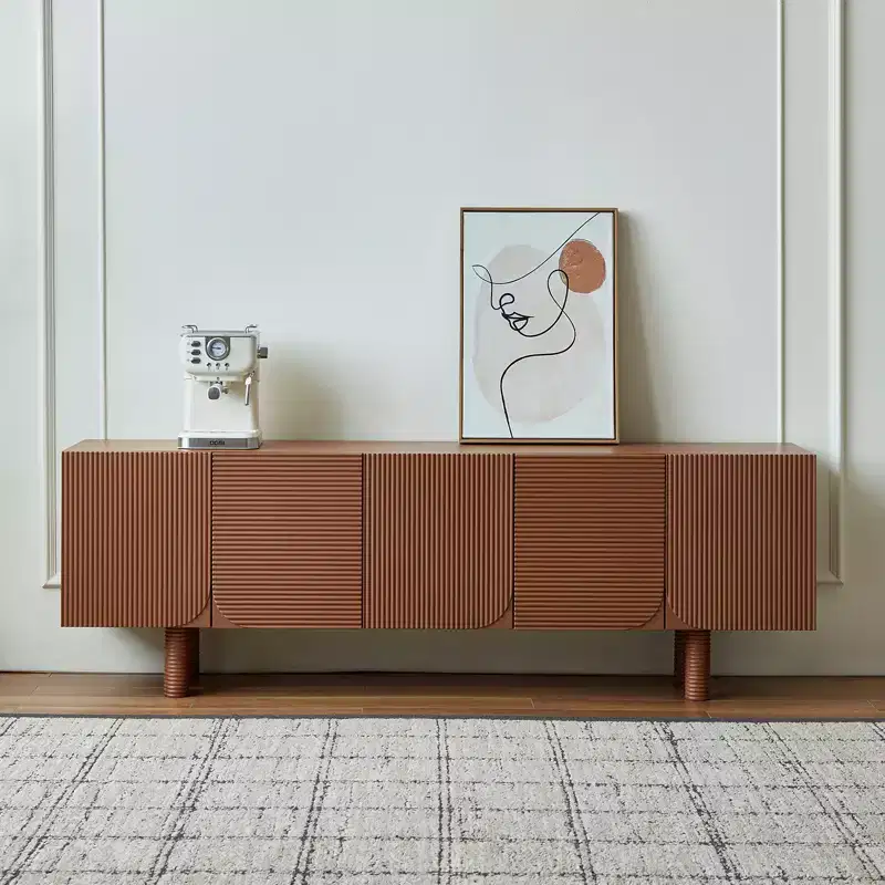 JVNOXK 70.9inch Mid-Century Modern Threaded TV Media Cabinet, fits TVs up to 80 inches, with recessed door panels and 4 storage cabinets, Walnut