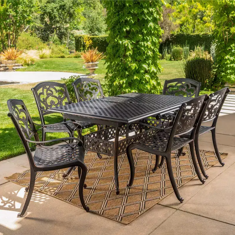 Christopher Knight Home Virago Outdoor Cast Aluminum Expandable 7 Piece Dining Set with Umbrella Hole, Shiny Copper