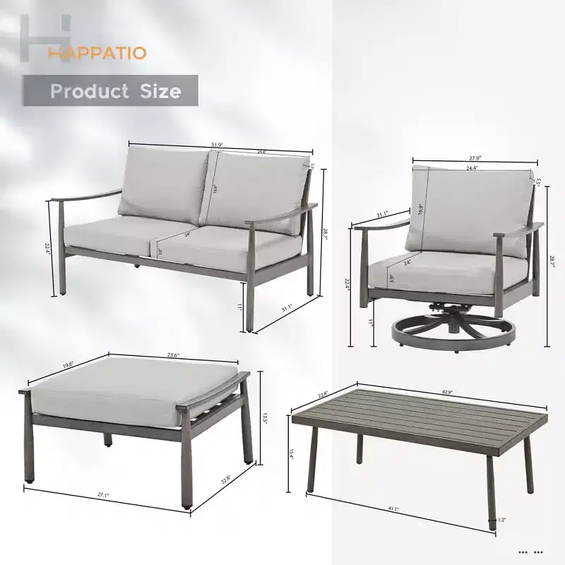 HAPPATIO 6 Pieces Aluminum Outdoor Conversation Set with 1 Loveseat,Coffee Table, 2 Swivel Chairs and Ottomans
